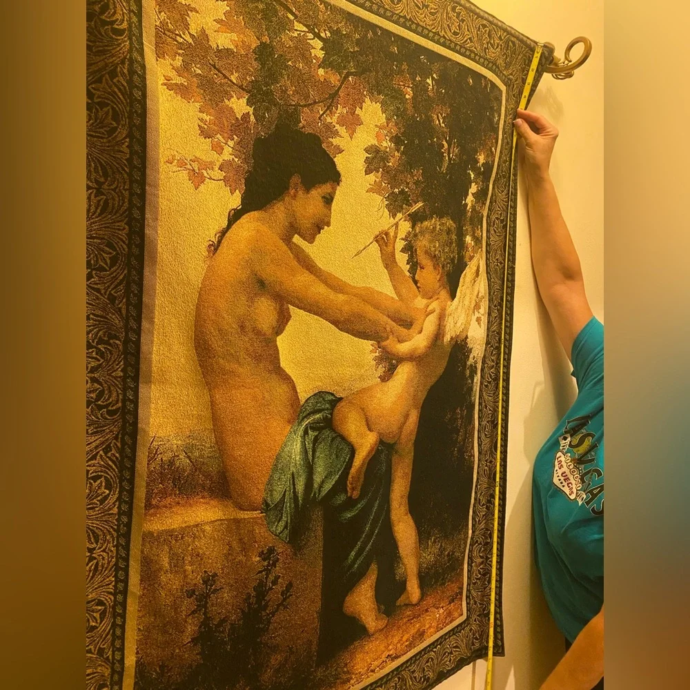 Tapestry Girl defending herself against love. 100% Cotton. 36”Wx50”L